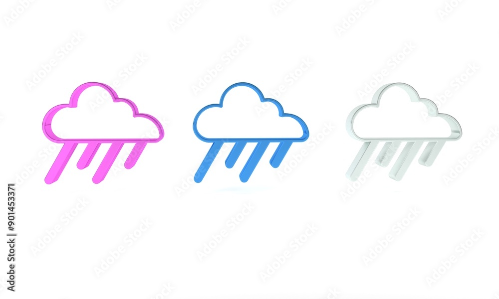 Colorful Cloud with rain icon isolated on white background. Rain cloud precipitation with rain drops. Minimalism concept. 3D render illustration Colorful Cloud with rain icon isolated on white background. Rain cloud precipitation with rain drops. Minimalism concept. 3D render illustration