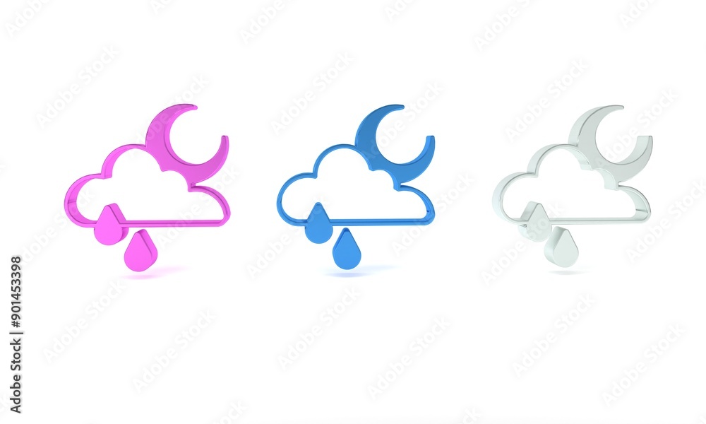 Colorful Cloud with rain and moon icon isolated on white background. Rain cloud precipitation with rain drops. Minimalism concept. 3D render illustration Colorful Cloud with rain and moon icon isolated on white background. Rain cloud precipitation with rain drops. Minimalism concept. 3D render illustration