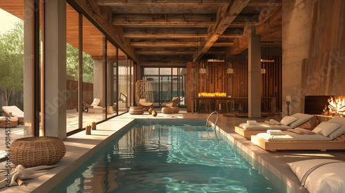 Wallpaper Mural Modern architecture meets rustic accents with this interior, exterior common area with lap pool,fireplace and indoor and outdoor furniture. 3d rendering  Torontodigital.ca