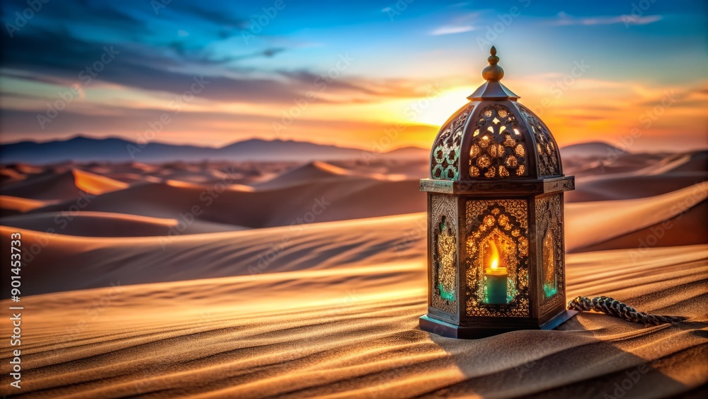 Serene desert landscape with intricately patterned Moroccan lantern, adorned with sacred Quran, symbolizing peace and devotion during the revered month of Ramadan. Serene desert landscape with intricately patterned Moroccan lantern, adorned with sacred Quran, symbolizing peace and devotion during the revered month of Ramadan.