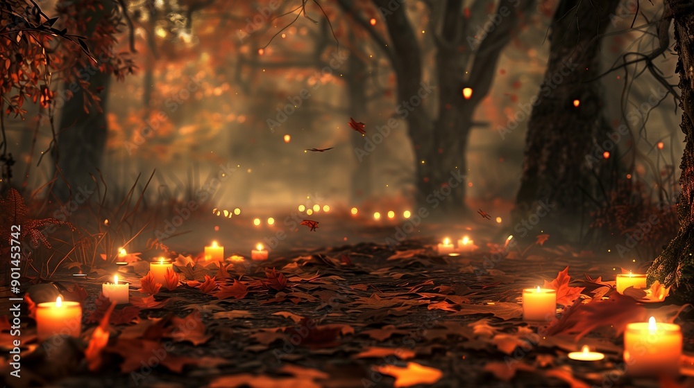 Forest path illuminated by candles in autumn Forest path illuminated by candles in autumn