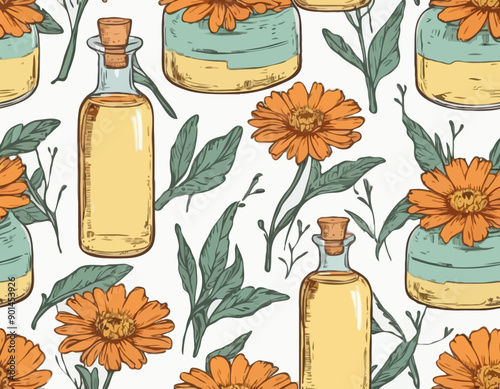 Hand drawn glass bottle with calendula oil or tincture vector illustration