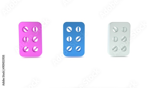 Colorful Pills in blister pack icon isolated on white background. Medical drug package for tablet, vitamin, antibiotic, aspirin. Minimalism concept. 3D render illustration