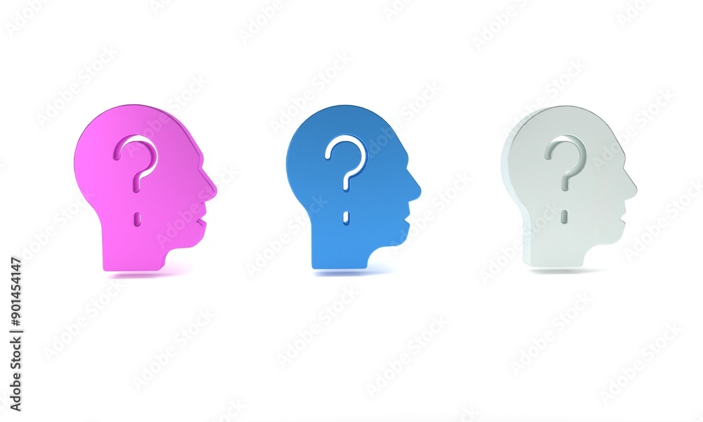 Colorful Human head with question mark icon isolated on white background. Minimalism concept. 3D render illustration Colorful Human head with question mark icon isolated on white background. Minimalism concept. 3D render illustration