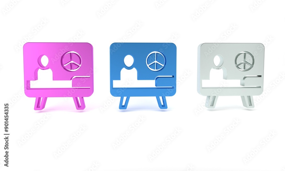 Colorful Peace icon isolated on white background. Hippie symbol of peace. Minimalism concept. 3D render illustration Colorful Peace icon isolated on white background. Hippie symbol of peace. Minimalism concept. 3D render illustration