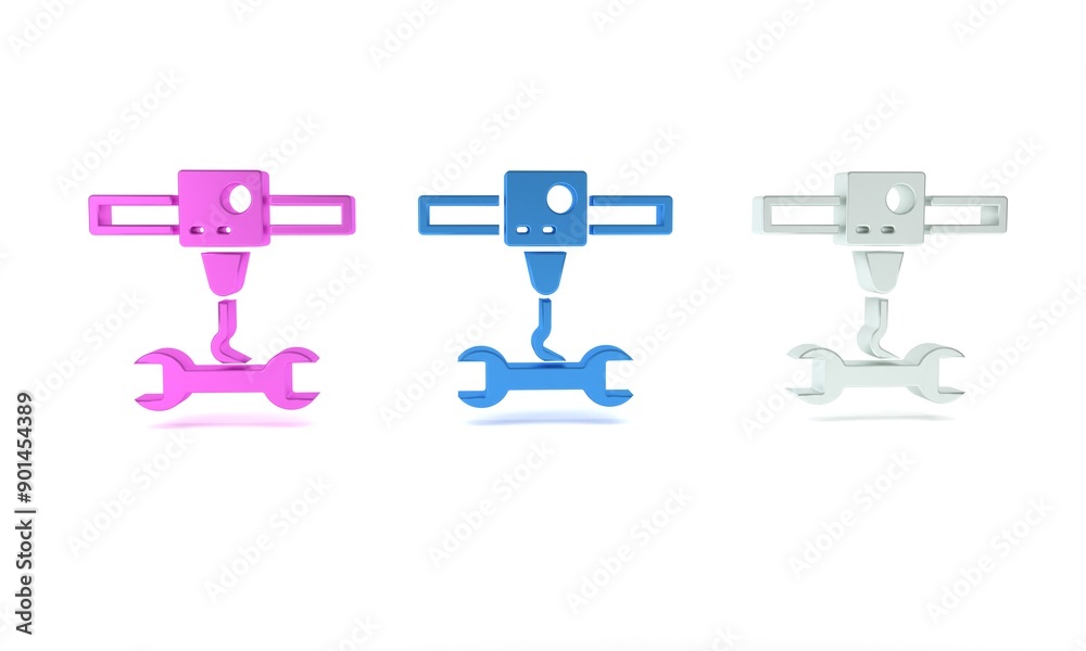 Colorful 3D printer wrench spanner icon isolated on white background. 3d printing. Minimalism concept. 3D render illustration Colorful 3D printer wrench spanner icon isolated on white background. 3d printing. Minimalism concept. 3D render illustration