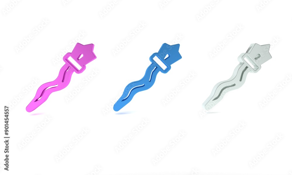 Colorful Magic staff icon isolated on white background. Magic wand, scepter, stick, rod. Minimalism concept. 3D render illustration Colorful Magic staff icon isolated on white background. Magic wand, scepter, stick, rod. Minimalism concept. 3D render illustration