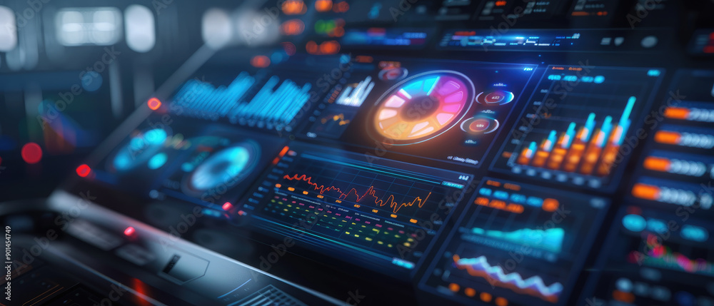 Obraz premium Explore a high-tech office featuring a holographic portfolio analysis on an advanced 3D financial dashboard, ideal for modern investment strategies.