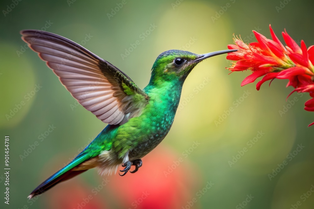 Fototapeta premium Vibrant green hummingbird with iridescent feathers and long slender beak sips nectar from a bright red flower against a soft white background.