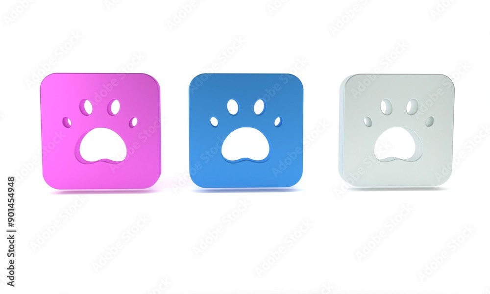 Colorful Paw print icon isolated on white background. Dog or cat paw print. Animal track. Minimalism concept. 3D render illustration Colorful Paw print icon isolated on white background. Dog or cat paw print. Animal track. Minimalism concept. 3D render illustration