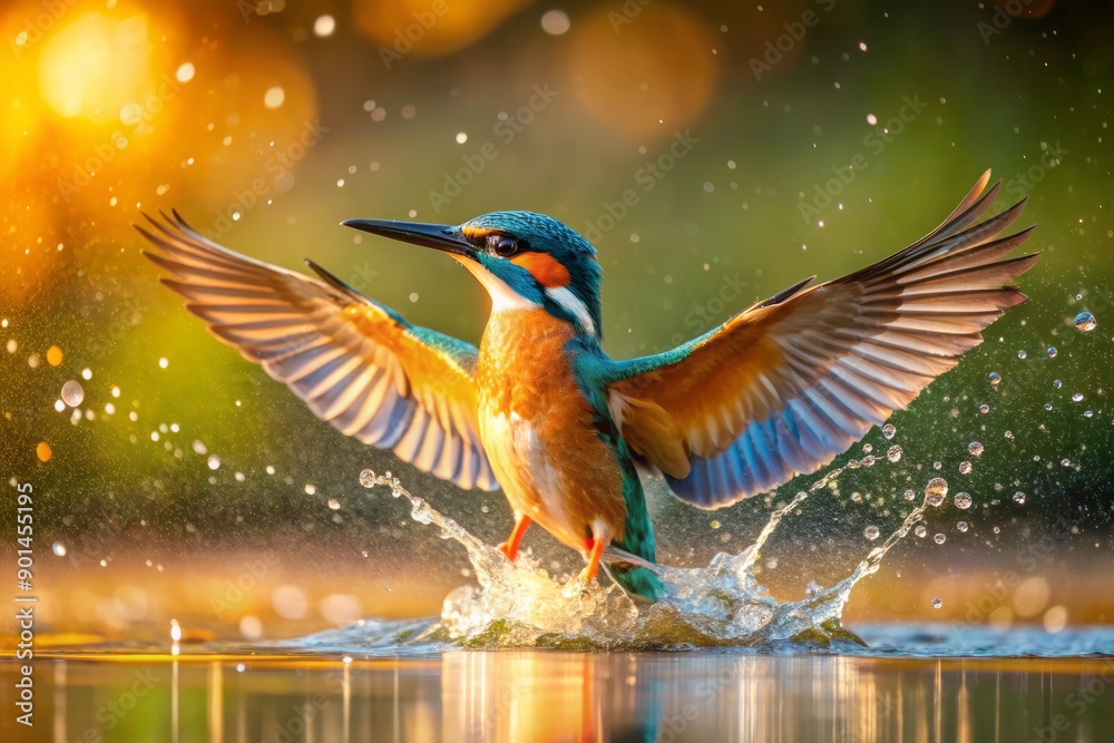 Fototapeta premium Vibrant female kingfisher breaks surface of serene lake, shimmering droplets on feathers, unsuccessful hunt evident in frustrated gaze, wings spread wide, morning sunlight dancing around.