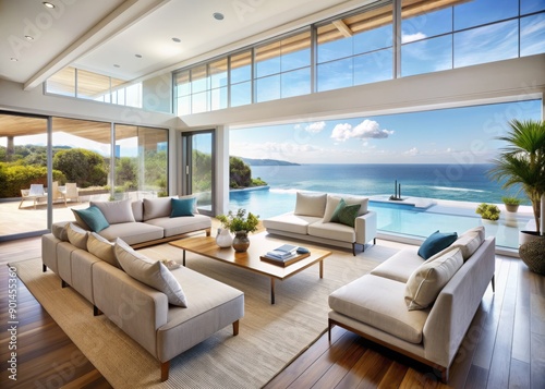 Spacious luxury summer beach house living room with large windows overlooking the sea, adjacent to a sparkling swimming pool and expansive white walls. © DigitalArt Max