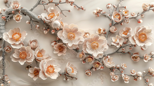 Fototapeta Naklejka Na Ścianę i Meble -  Elegant colorful with vibrant flower hanging branches illustration background. Bright color 3d abstraction wallpaper for interior mural, Generated by AI	