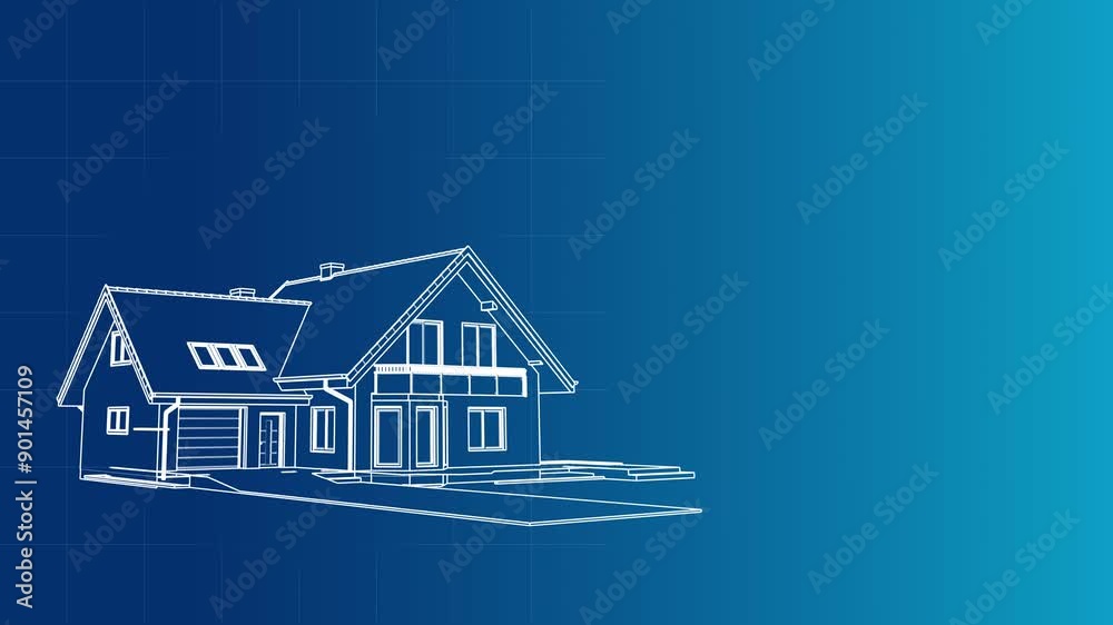 Drawing of construction of private house on blue background. 3D animation of construction process. Concept of construction business. Video 4K