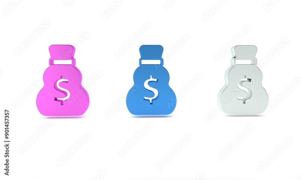 Colorful Old money bag icon isolated on white background. Cash Banking currency sign. Minimalism concept. 3D render illustration Colorful Old money bag icon isolated on white background. Cash Banking currency sign. Minimalism concept. 3D render illustration