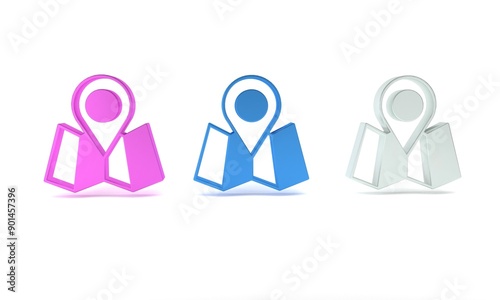 Colorful Folded map with location marker icon isolated on white background. Minimalism concept. 3D render illustration