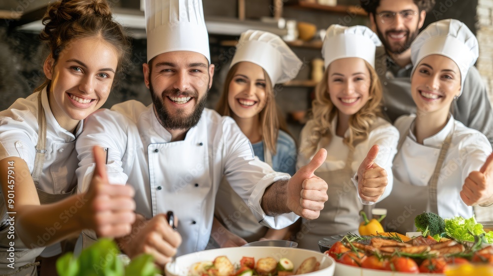Smiling chef with a thumb up behind a festive dining table full of dishes Smiling chef with a thumb up behind a festive dining table full of dishes