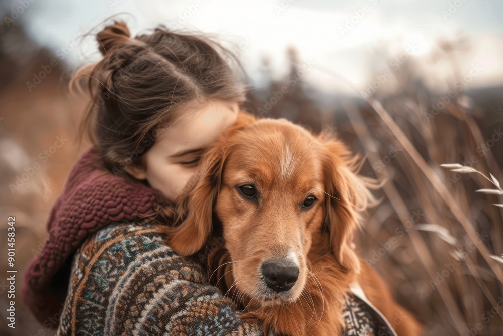 Girl hugging a dog, pet love concept Girl hugging a dog, pet love concept
