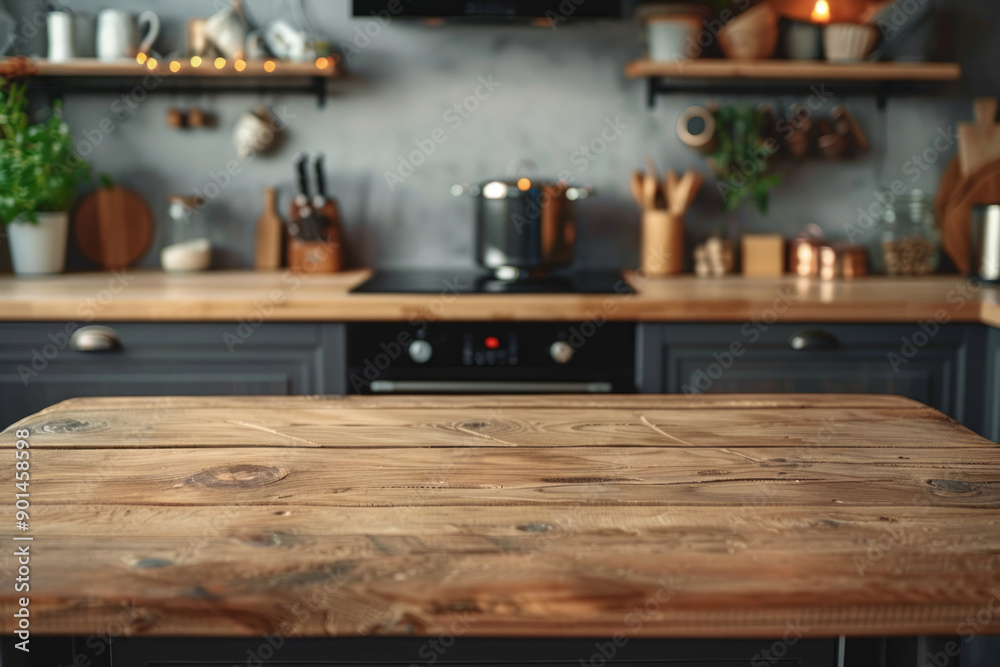 Wooden countertop on the background of a modern kitchen. Wooden countertop on the background of a modern kitchen.