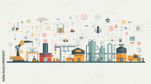 A colorful illustration of a cityscape with various buildings and vehicles, including a truck, a car, and a crane. Concept of progress and industry, with the buildings