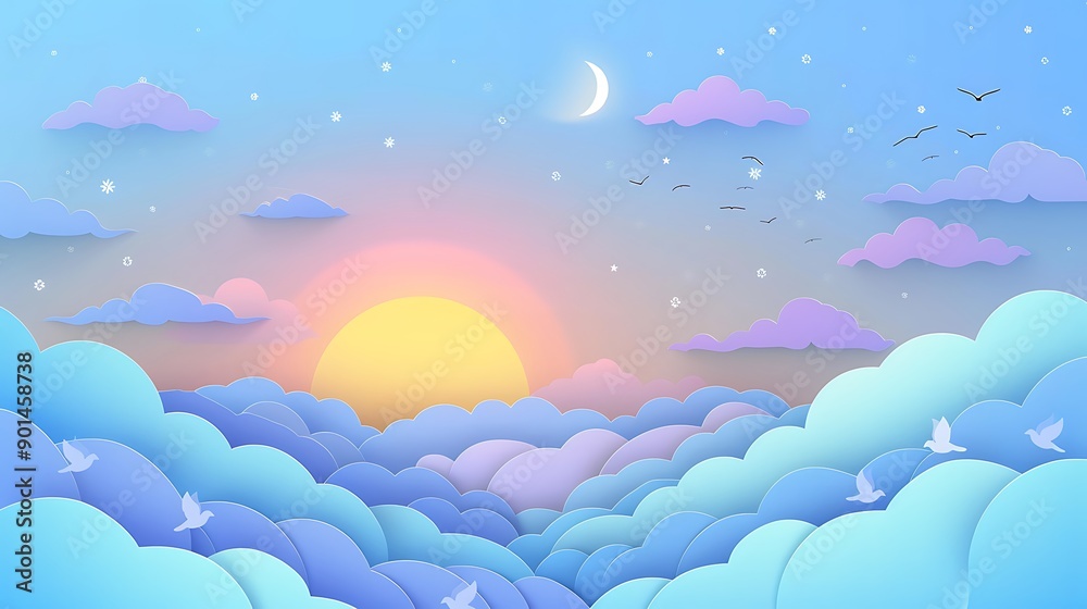 A tranquil early evening sky in paper cut style, featuring layers of light blue and lavender clouds, a calm sun setting, birds in tranquil flight. A tranquil early evening sky in paper cut style, featuring layers of light blue and lavender clouds, a calm sun setting, birds in tranquil flight.