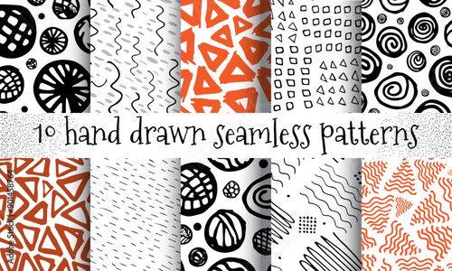 Hand Drawn Seamless Pattern, Ink Brush Doodle Repeat, Line, Dots Scandinavian Abstract Art Tile, Hand Drawn Seamless Texture Set