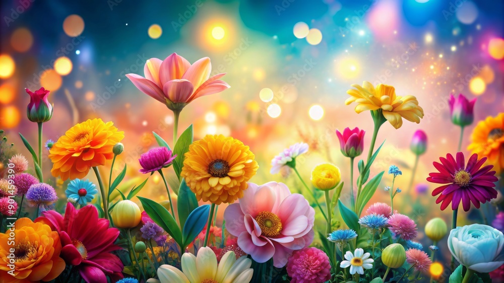 Obraz premium Vibrant colorful background with gentle flowers, soothing lights, and inspirational words, conveying warmth, empathy, and kindness, celebrating compassion and good deeds worldwide.
