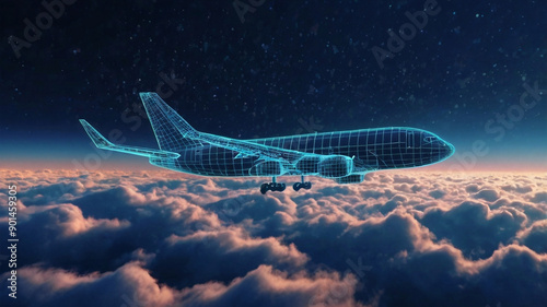 3d digital airplane flying above the clouds. Abstract vector wireframe of plane in the sky.