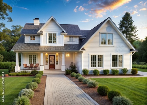 White modern house home beautiful farmhouse cottage transitional classic architecture view of exterior front lawn and paved driveway