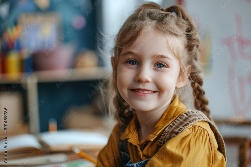 Happy little girl looking at the camera in an art and drawing class ...