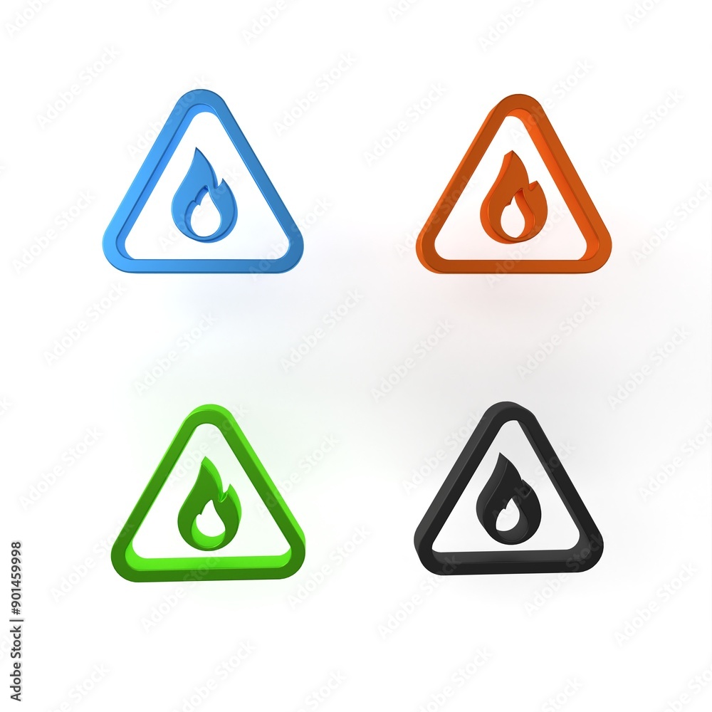 Colorful Fire flame in triangle icon isolated on white background. Warning sign of flammable product. Minimalism concept. 3D render illustration Colorful Fire flame in triangle icon isolated on white background. Warning sign of flammable product. Minimalism concept. 3D render illustration