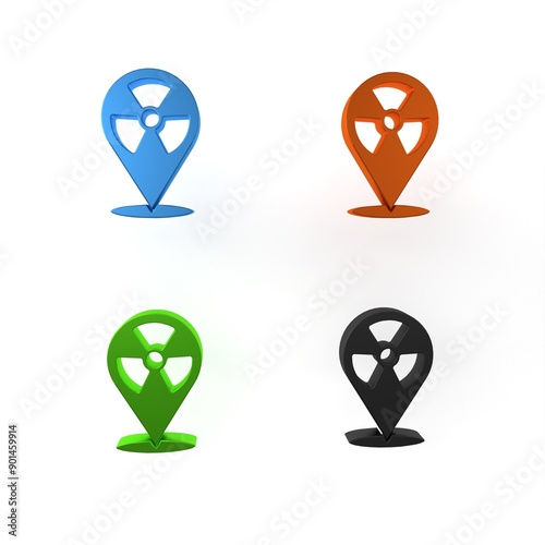 Colorful Radioactive in location icon isolated on white background. Radioactive toxic symbol. Radiation Hazard sign. Minimalism concept. 3D render illustration