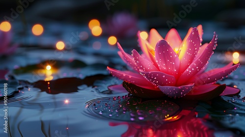 A vibrant pink lotus flower glistening with water drops, illuminated by soft underwater LED lights in a tranquil pond at night.