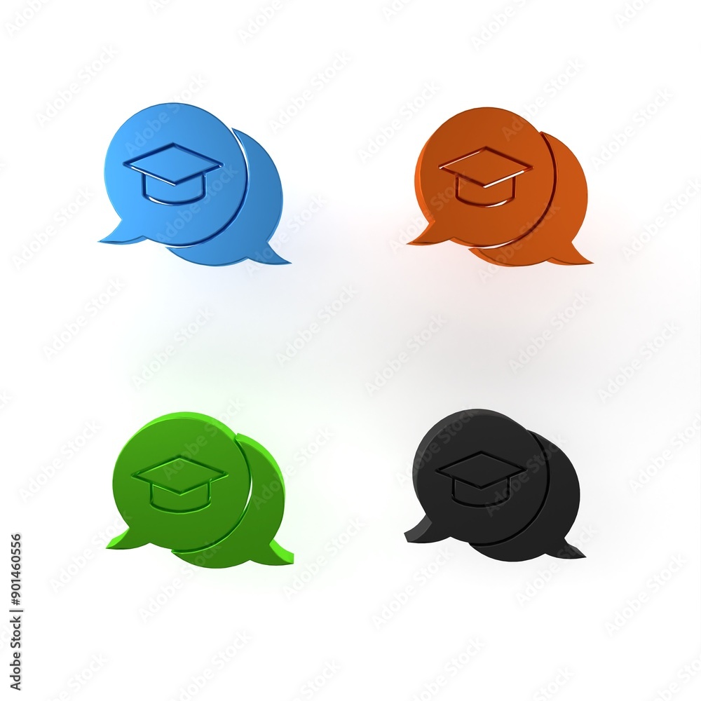 Colorful Graduation cap in speech bubble icon isolated on white background. Graduation hat with tassel icon. Minimalism concept. 3D render illustration Colorful Graduation cap in speech bubble icon isolated on white background. Graduation hat with tassel icon. Minimalism concept. 3D render illustration