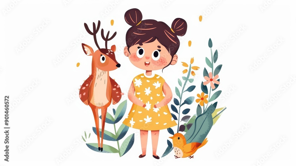 A delightful watercolor scene showcases a girl, deer, and bird in a vivid floral paradise, embodying joy and natures bond. A delightful watercolor scene showcases a girl, deer, and bird in a vivid floral paradise, embodying joy and natures bond.