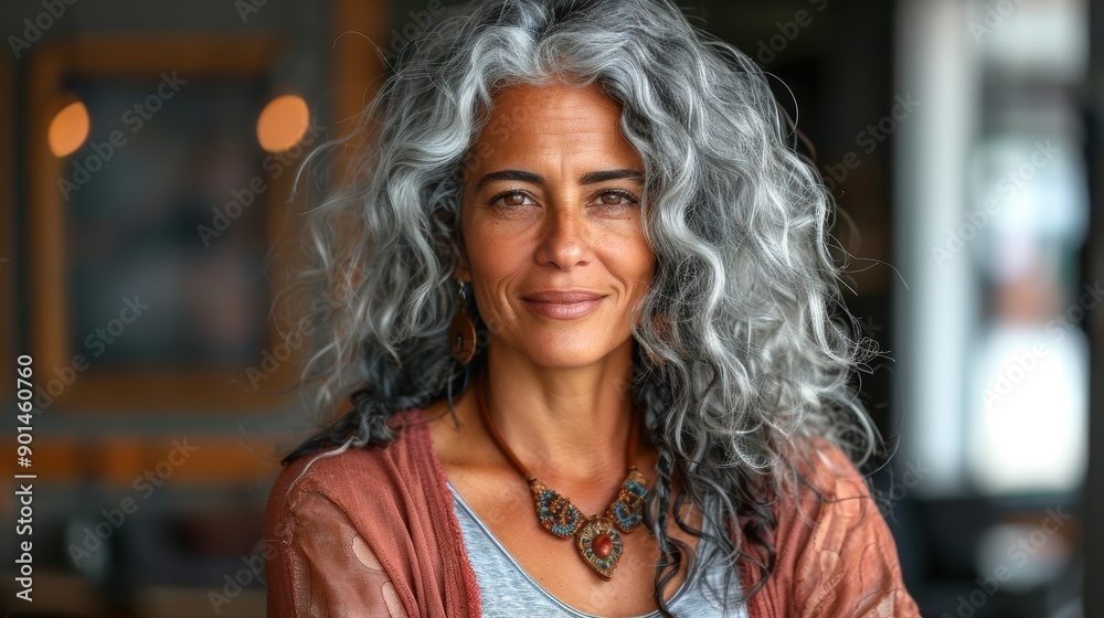 Elegant woman with long, flowing gray hair, adorned in a stylish outfit with a statement necklace, confidently smiling in a softly-lit indoor setting Elegant woman with long, flowing gray hair, adorned in a stylish outfit with a statement necklace, confidently smiling in a softly-lit indoor setting