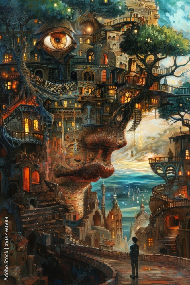 Obraz premium A painting of a city with a man standing on a bridge