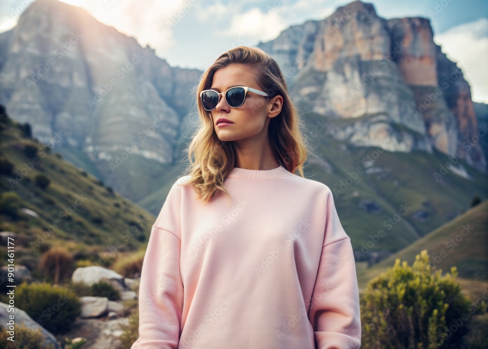 Serene mountain landscape serves as a backdrop for a laid-back, oversized light pink sweatshirt mockup, adorned with trendy sunglasses, evoking a chic, adventurous vibe. Serene mountain landscape serves as a backdrop for a laid-back, oversized light pink sweatshirt mockup, adorned with trendy sunglasses, evoking a chic, adventurous vibe.