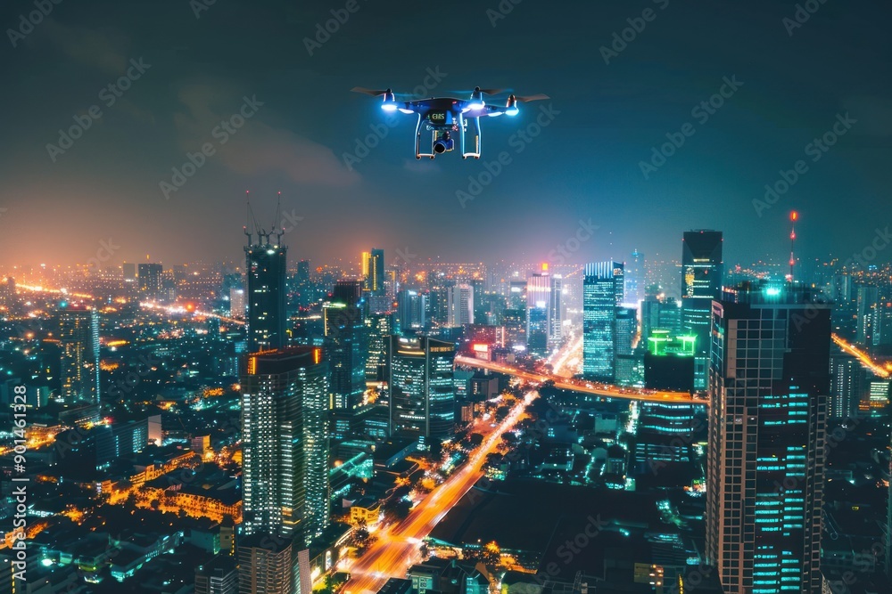 Fototapeta premium high angle view of city scape at night by managing autonomous drone