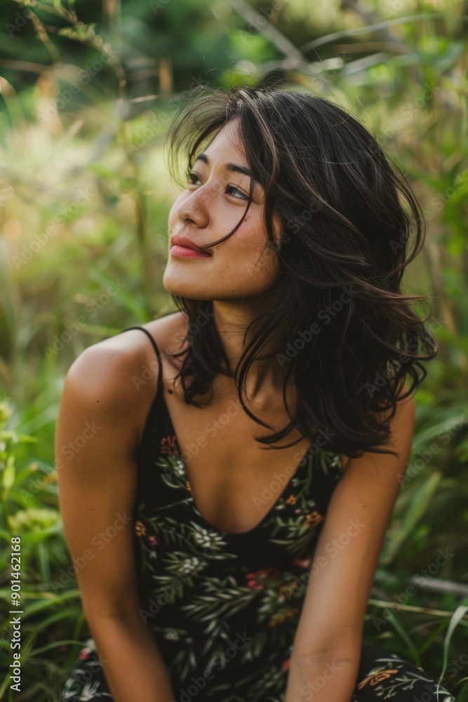 A woman with long hair is sitting in a field of grass A woman with long hair is sitting in a field of grass