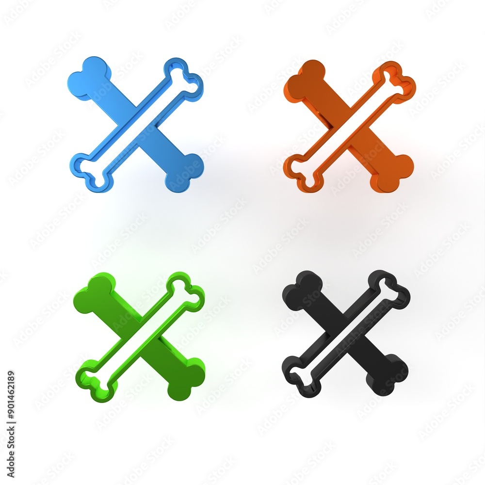 Colorful Crossed bones icon isolated on white background. Pets food symbol. Happy Halloween party. Minimalism concept. 3D render illustration Colorful Crossed bones icon isolated on white background. Pets food symbol. Happy Halloween party. Minimalism concept. 3D render illustration