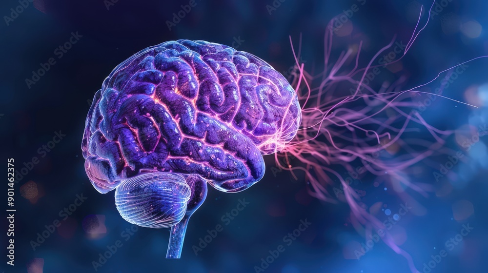 Obraz premium A brain with purple and red wires coming out of it