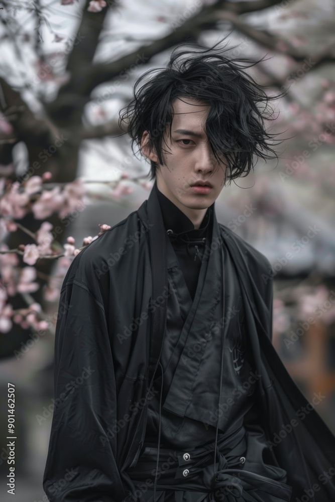 A man with long hair and a black outfit is posing in front of cherry blossoms A man with long hair and a black outfit is posing in front of cherry blossoms