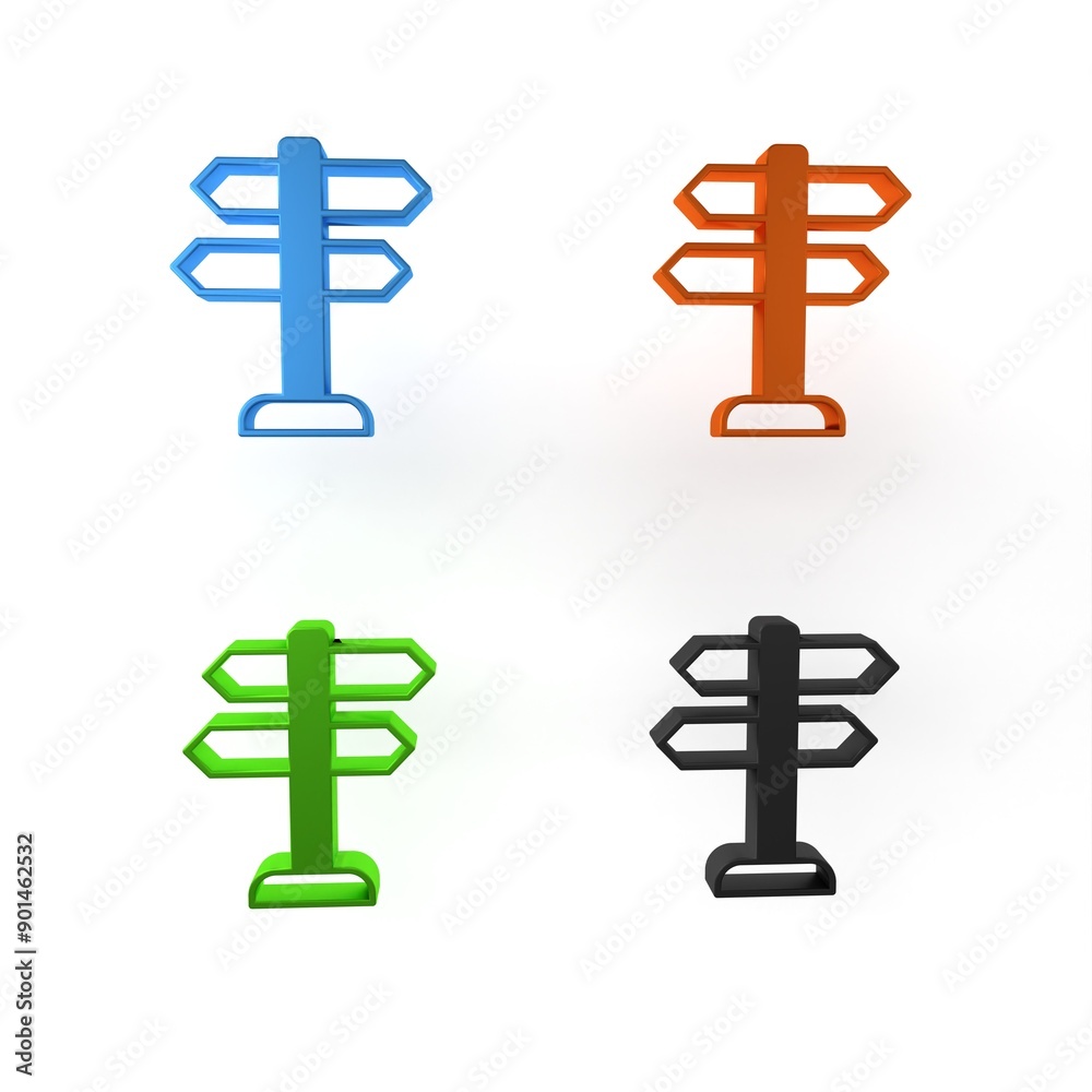 Colorful Road traffic sign. Signpost icon isolated on white background. Pointer symbol. Isolated street information sign. Direction sign. Minimalism concept. 3D render illustration