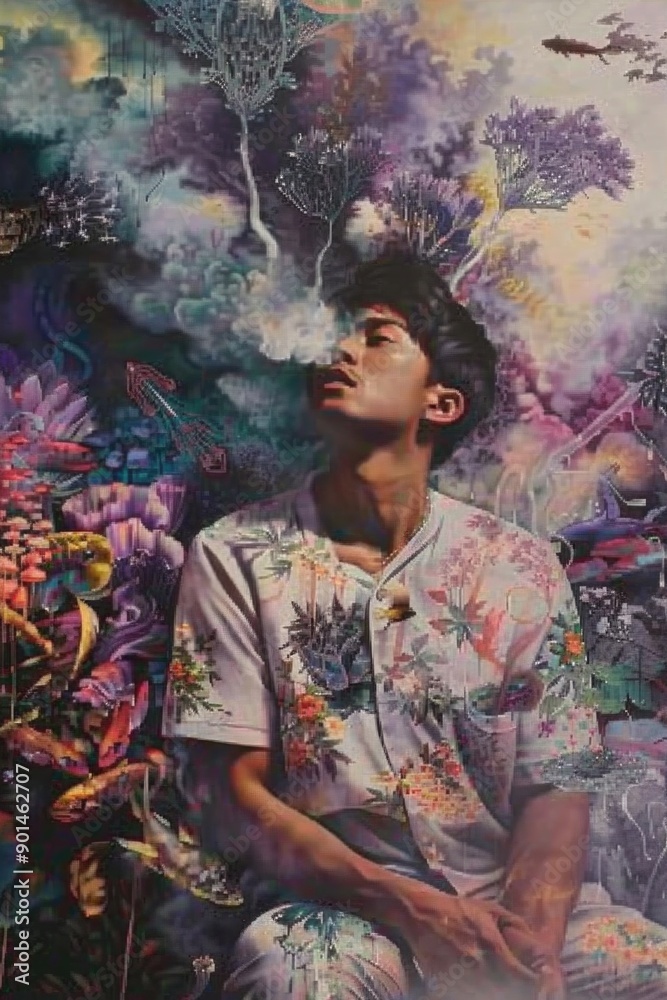 A man is smoking a cigarette while sitting in a flowery shirt A man is smoking a cigarette while sitting in a flowery shirt