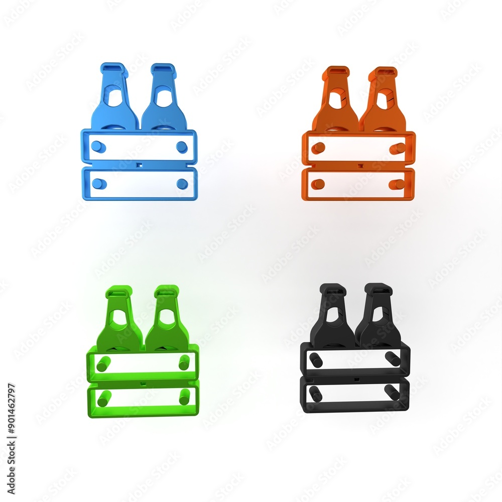 Obraz premium Colorful Pack of beer bottles icon isolated on white background. Wooden box and beer bottles. Case crate beer box sign. Minimalism concept. 3D render illustration