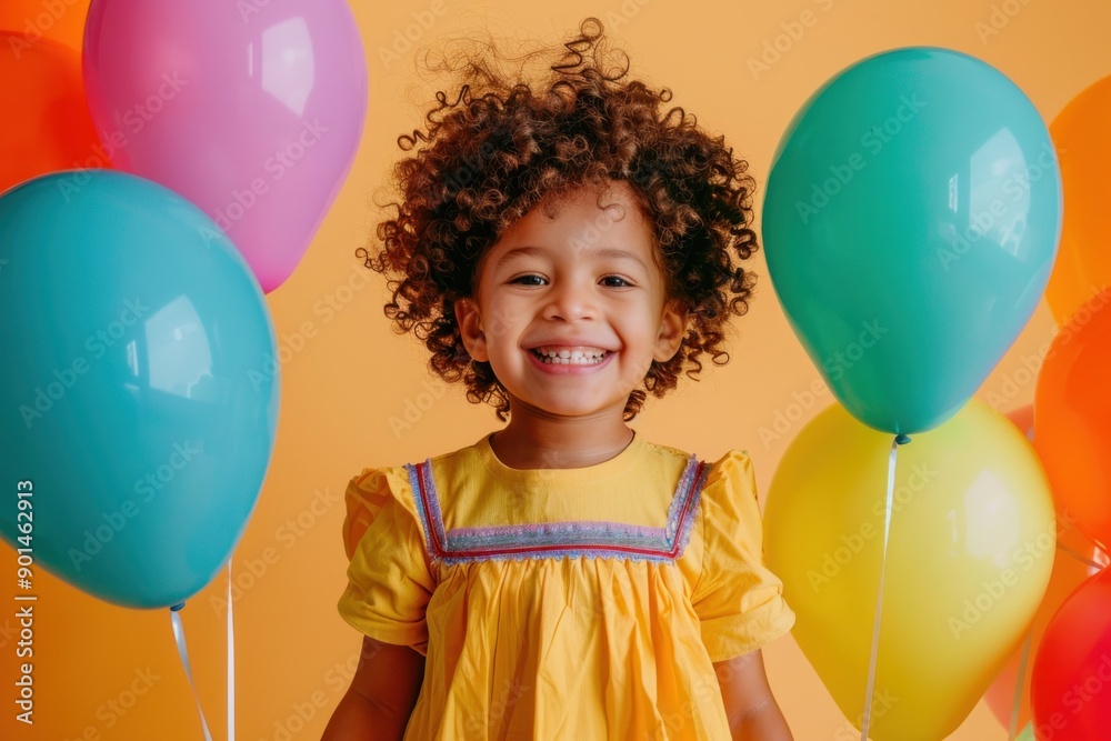 Obraz premium joyful young boy with curly hair, wearing a bright yellow dress, holding colorful balloons