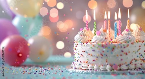 Birthday Cake With Candles and Balloons