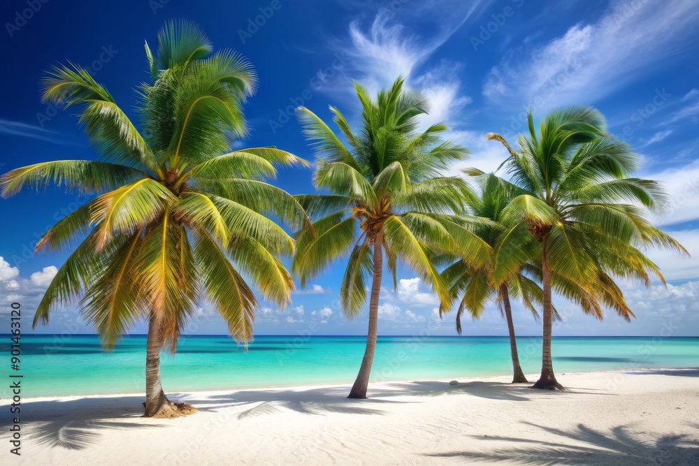 Obraz premium Serene palm trees stand tall on a pristine white sand beach, gently swaying in the breeze, overlooking the crystal-clear turquoise waters of the Arabian Sea.