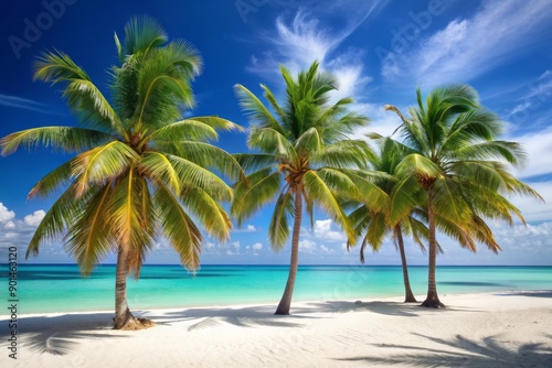 Serene palm trees stand tall on a pristine white sand beach, gently swaying in the breeze, overlooking the crystal-clear turquoise waters of the Arabian Sea. © DigitalArt Max